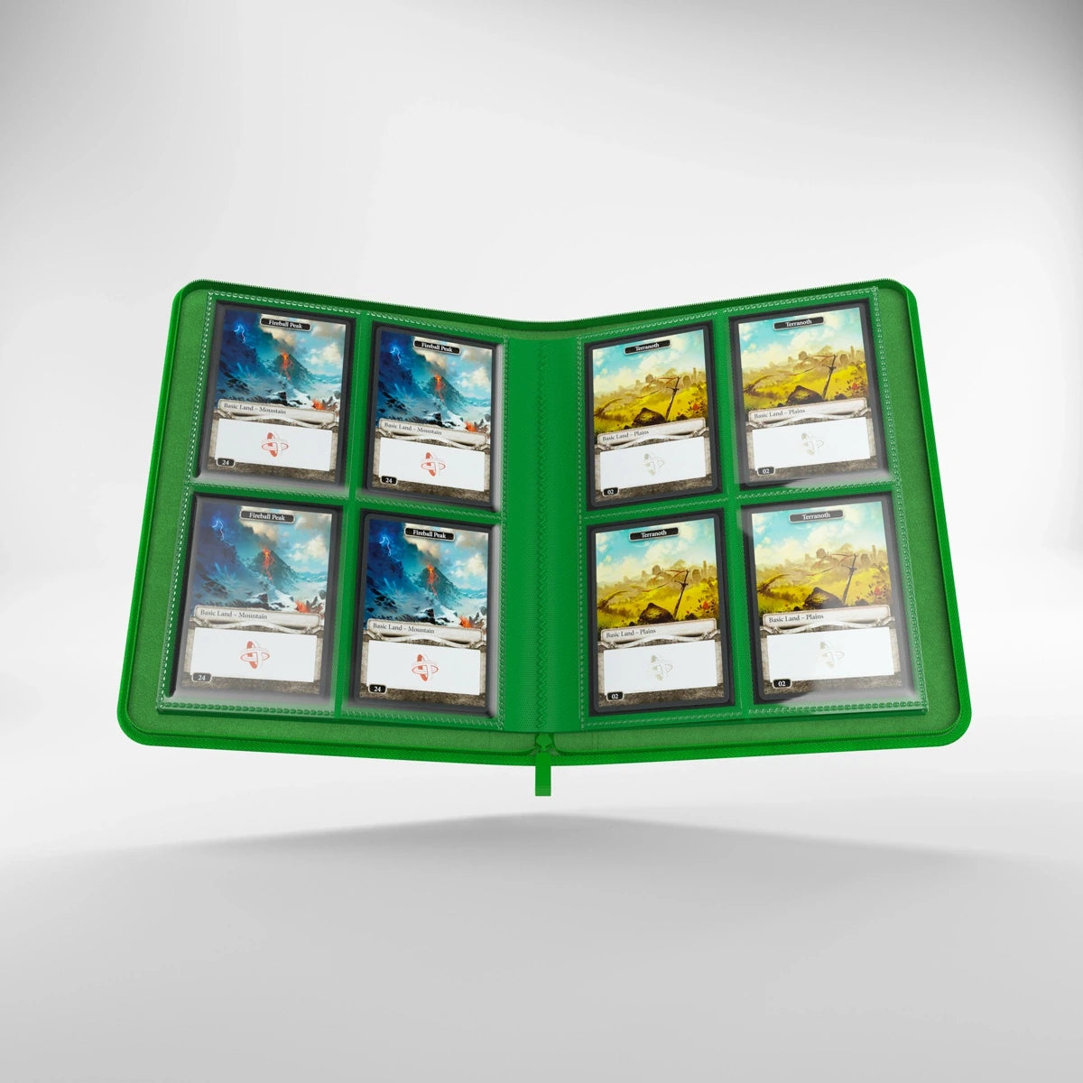Álbum Gamegenic Zip-Up 8-Pocket — Verde — interior con cartas